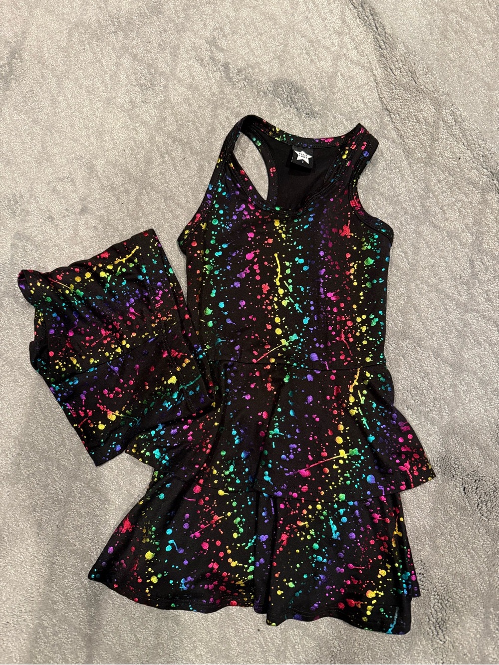 Girls Black Rainbow Splatter Dance Set - Tank Skater Dress with Shorts
